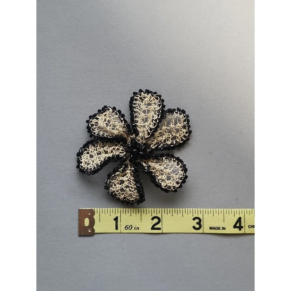 Lisa Toland Signed Wire Woven Flower Brooch Pin Set of 2 Black Gold Handmade